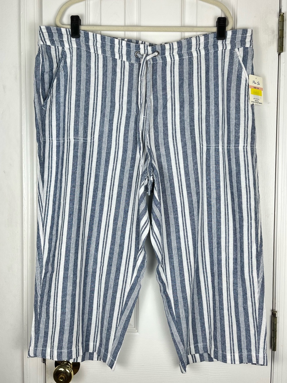 NWT Per Se Linen Blend Navy/White Stripe Wide Leg Crop Pants Sz 2X